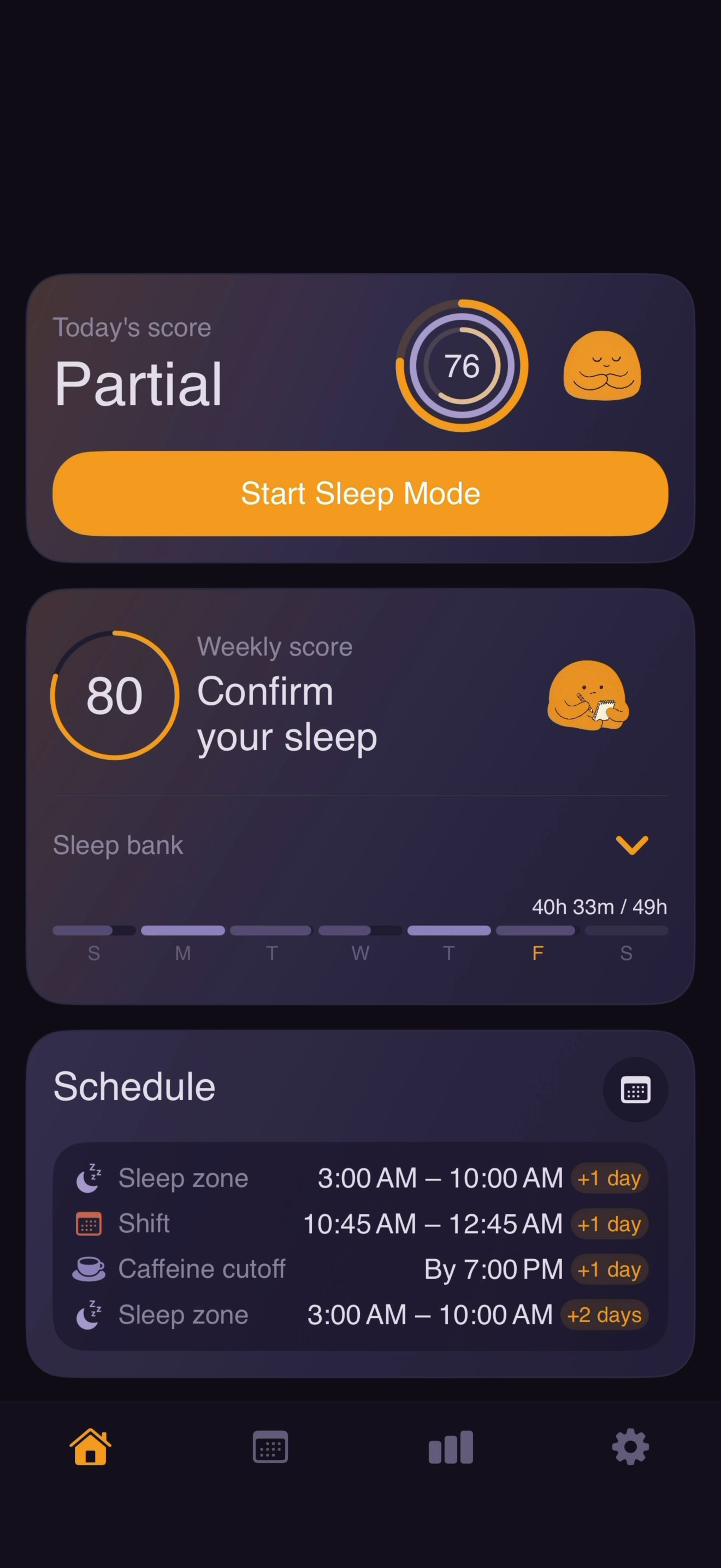 ShiftNight app home screen with your sleep plan and sleep scores