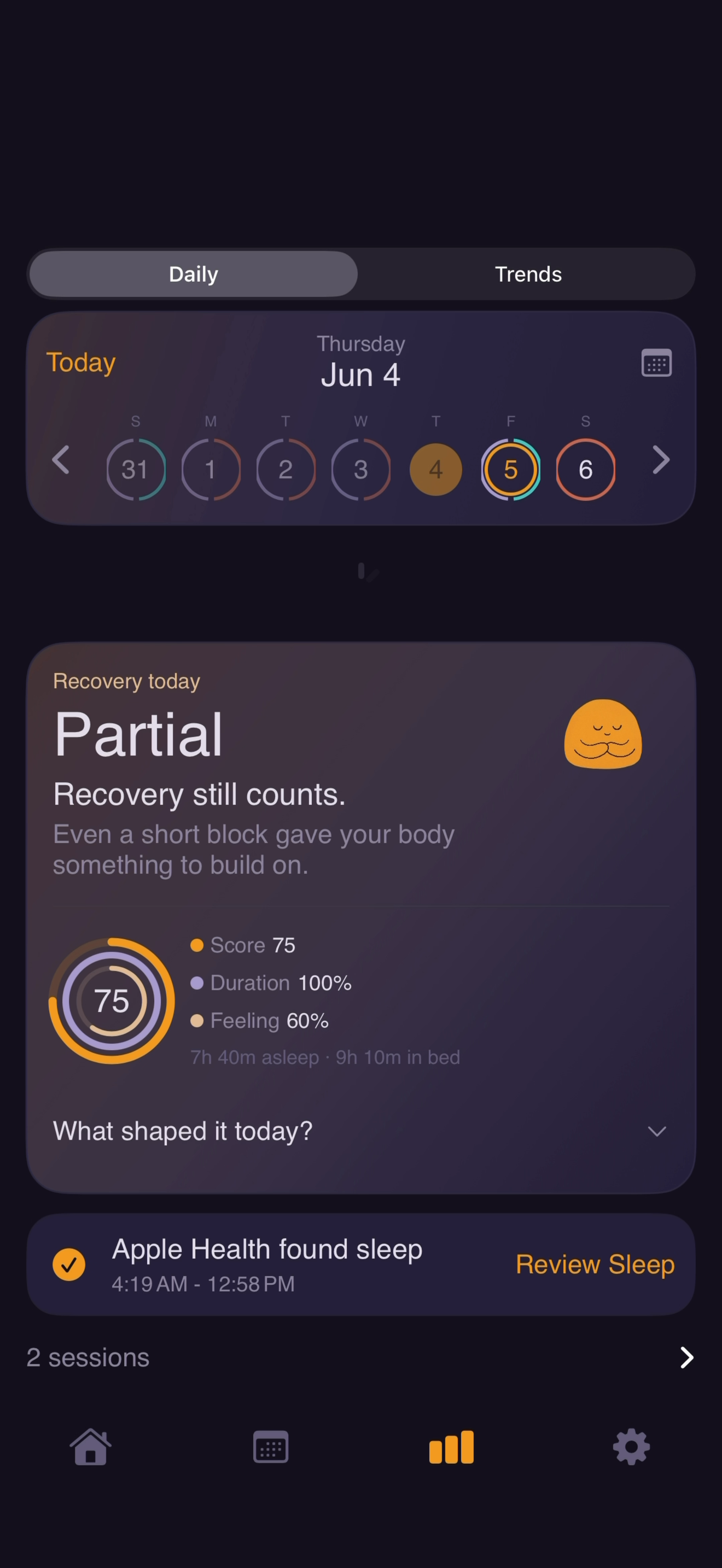 ShiftNight insights screen with the daily sleep score and recovery summary